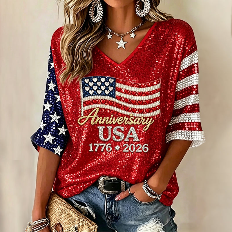 Women's Usa Anniversary Sequins Print V-neck T-shirt