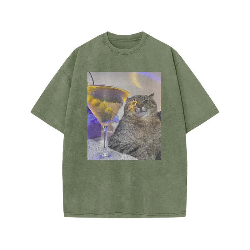 Tipsy Cat & Cocktail Print Acid Washed T-shirt