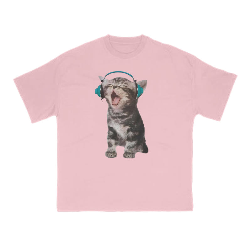 Funny Tabby Cat Wearing Headphones Print T-shirt
