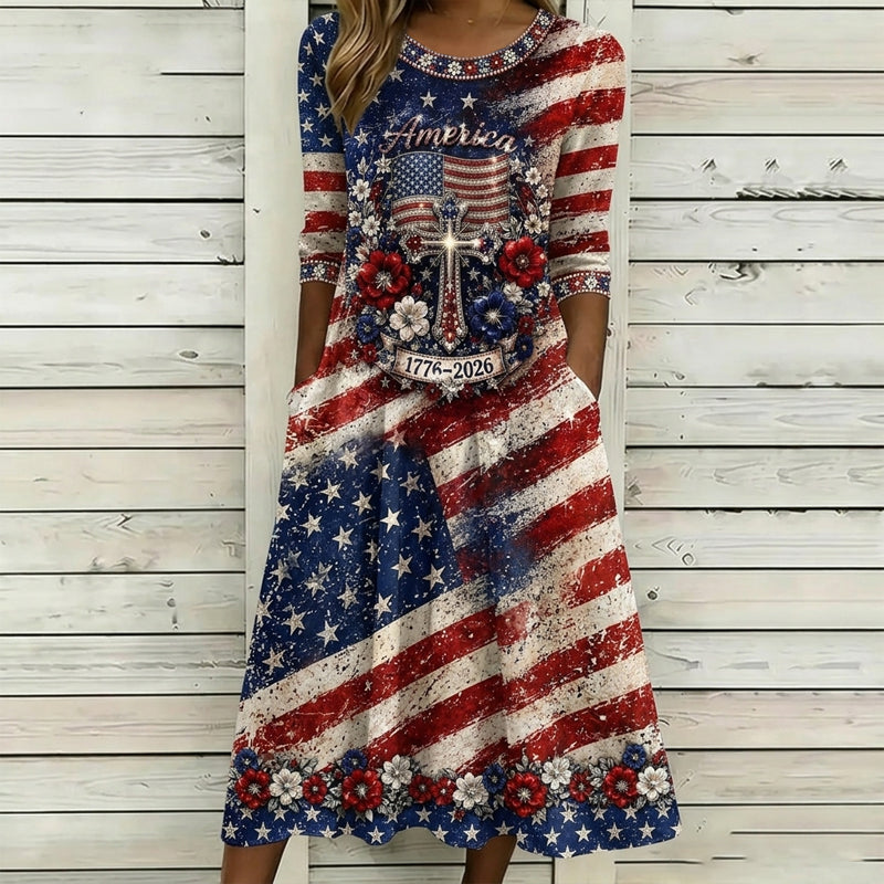 Women's Vintage Independence Day Flag Flower Art Crew Neck Midi Dress