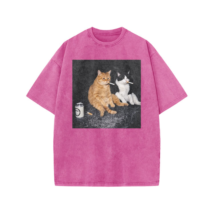 Vintage Smoking Cats Graphic Print Acid Washed T-Shirt