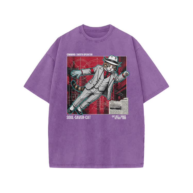 Vintage Soul Saver Cat Graphic Print Acid Washed T-shirt