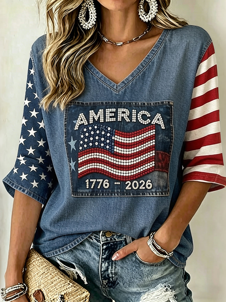 Women's Retro Independence Day Flag Art Three-quarter Sleeve V Neck Linen Tops