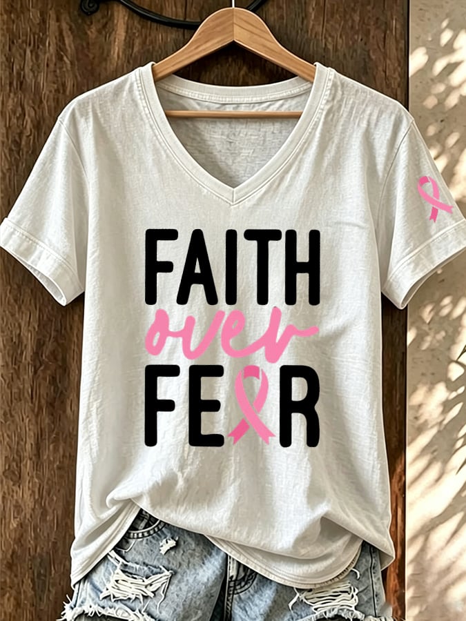 Women's Breast Cancer Awareness Faith Over Fear Graphic Casual T-Shirt