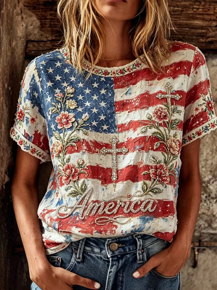 Women's American Flag And Floral Art Embroidered Rhinestone Cotton Linen Round Neck Short Sleeve Top