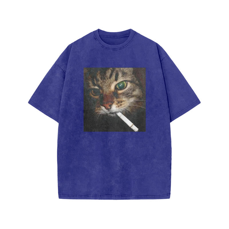 Unisex Cat With Cigarette In Mouth Print Acid Washed T-shirt
