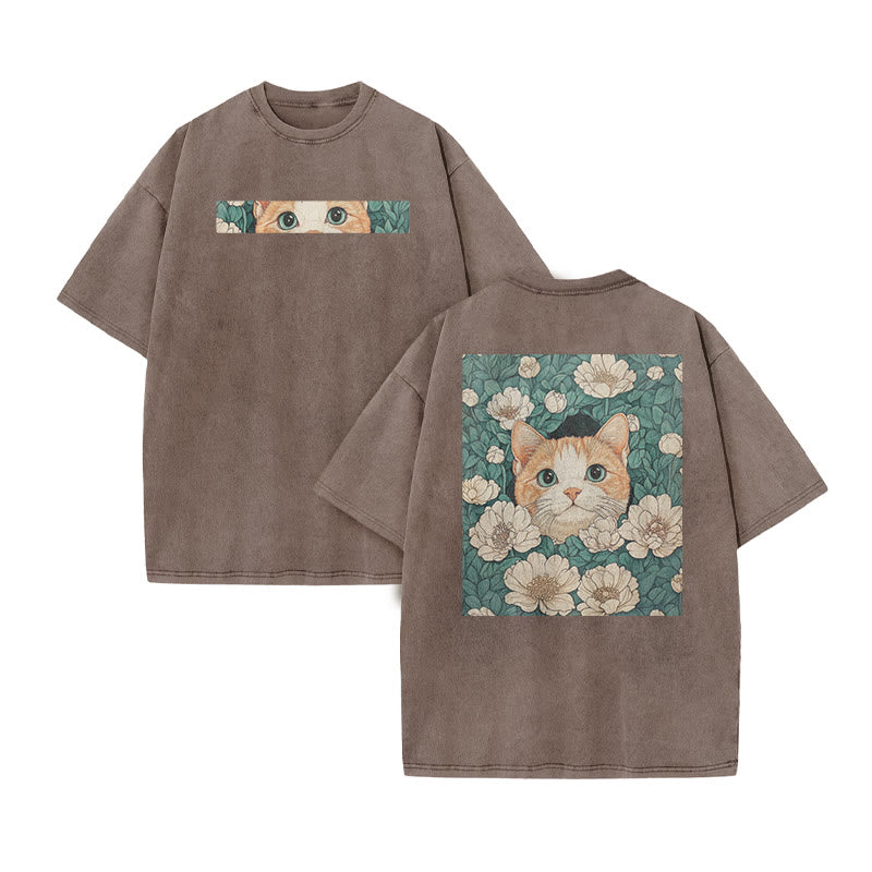 A Black Cat Hidden Among Clusters Of White Flowers Print Acid Washed T-shirt