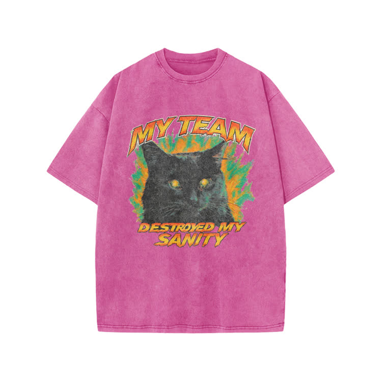 My Team Destroyed My Sanity Black Cat Graphic Print Acid Washed T-shirt