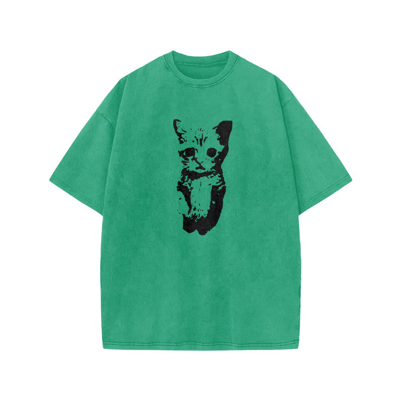 Unisex Cute Cat Print Acid Washed T-shirt