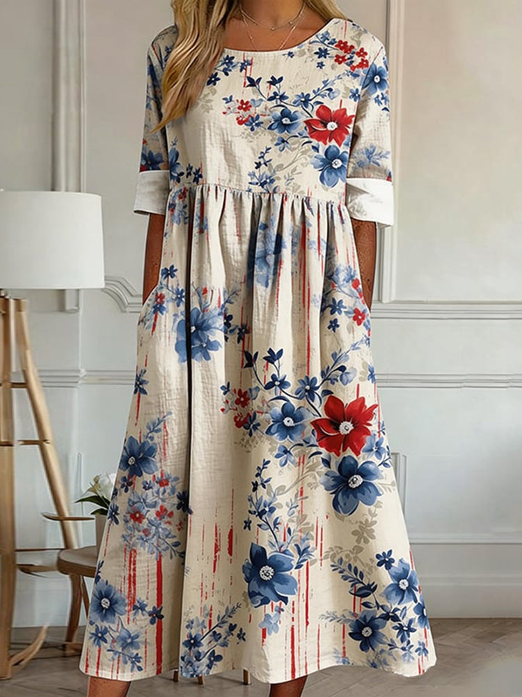 Women's Vintage Floral Independence Day Flag Art Print Dress