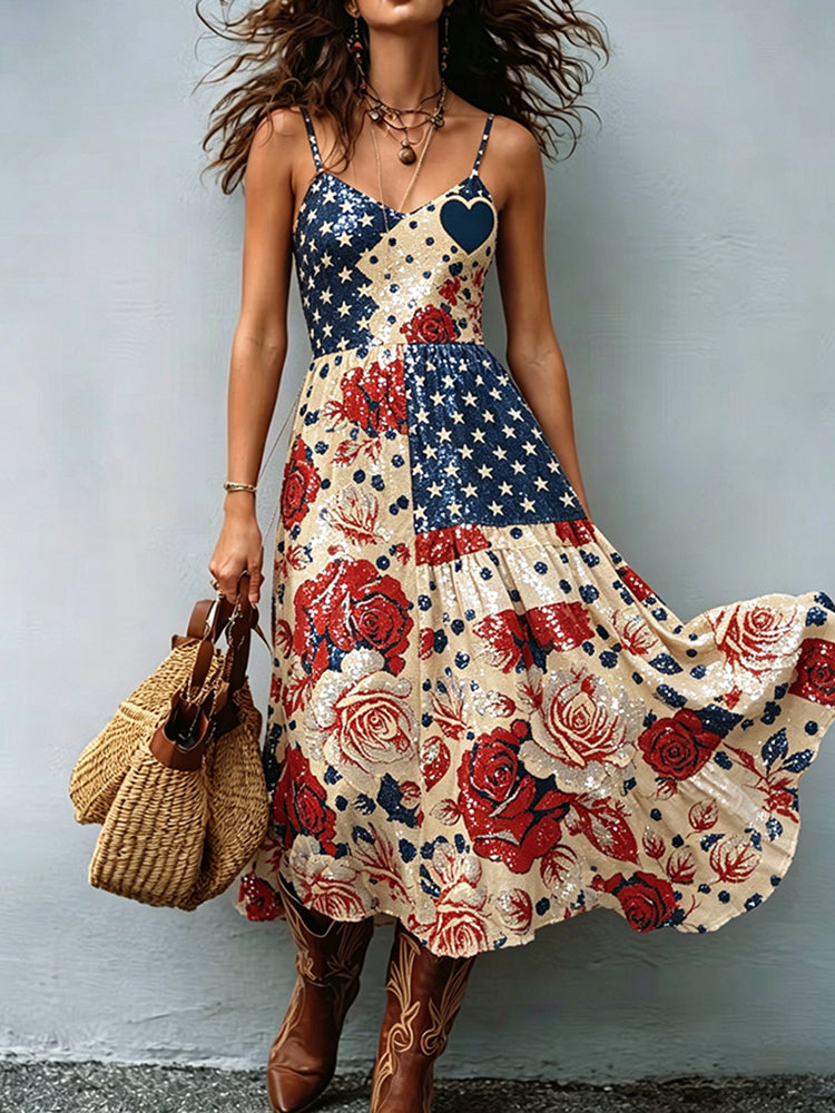Retro Casual American Flag Print Maxi Dress