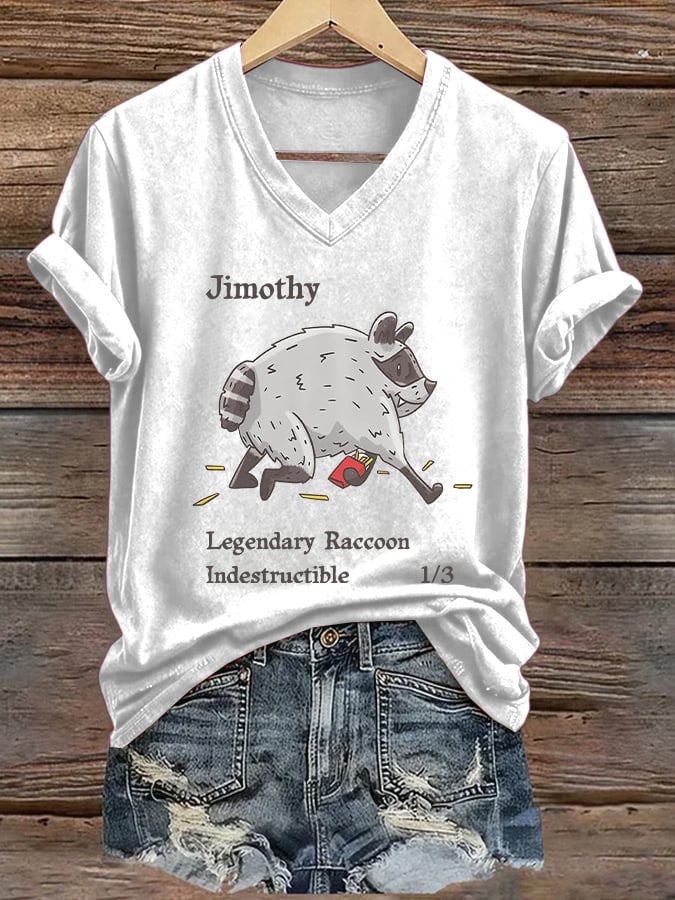 Women's Jimothy Legendary Raccoon Indestructible Print V Neck T-Shirt