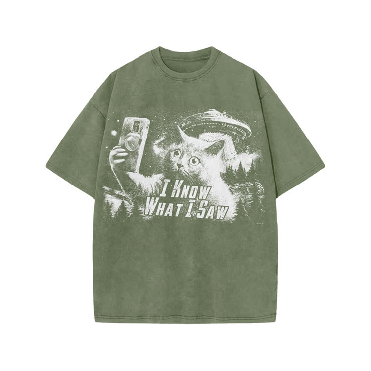 Vintage Sci Fi Novelty Alien Cat Graphic Washed T-Shirt