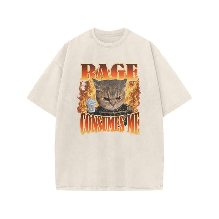 Vintage Washed Rage Consumes Me Cat Graphic Print Acid Washed T-shirt