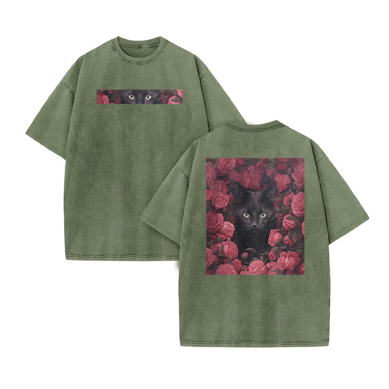 A Black Cat Hidden Among Clusters Of Magenta Roses Print Acid Washed T-shirt