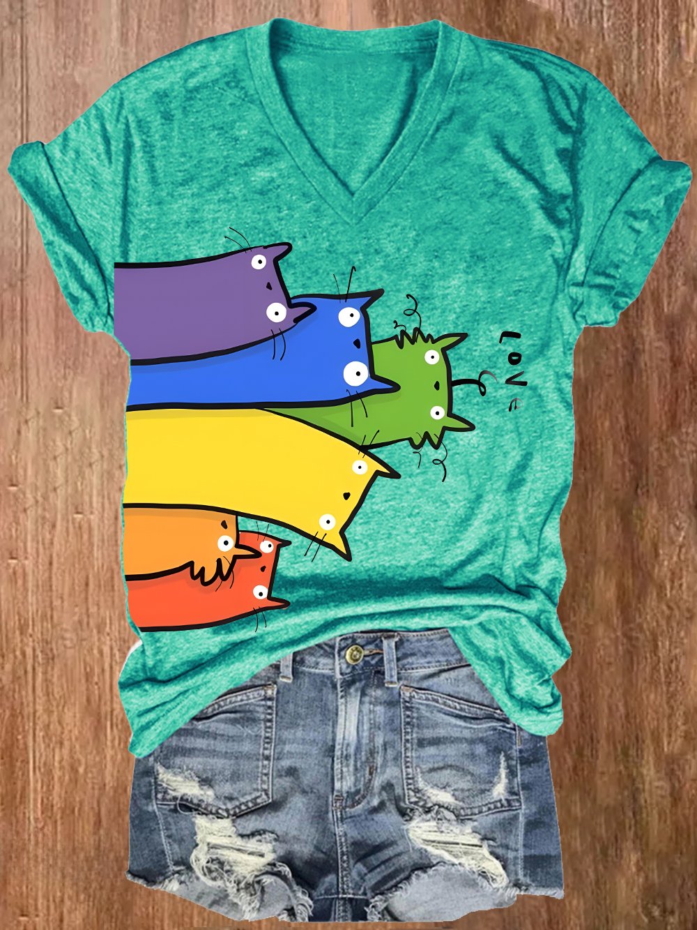 Women's Rainbow Striped Cat Pride Month And Cat Printed V-Neck T-Shirt Top