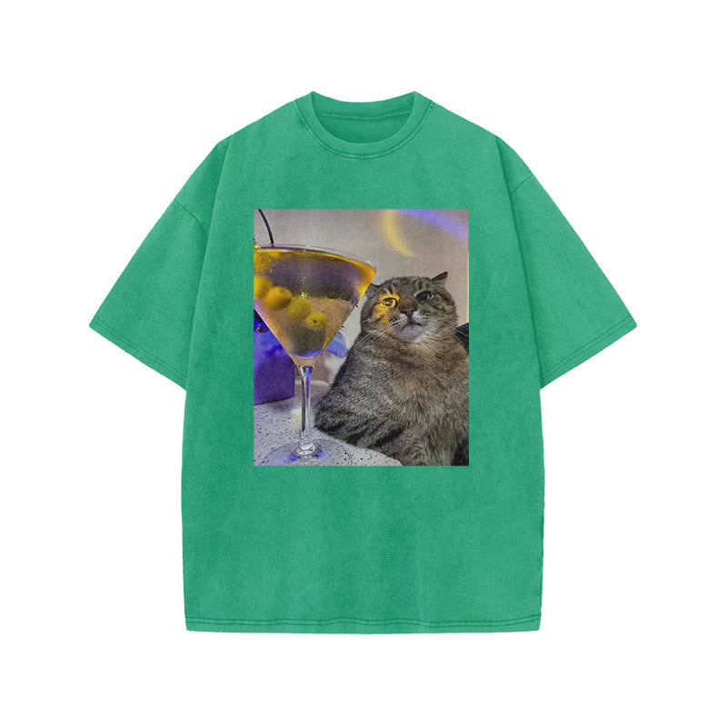 Tipsy Cat & Cocktail Print Acid Washed T-shirt