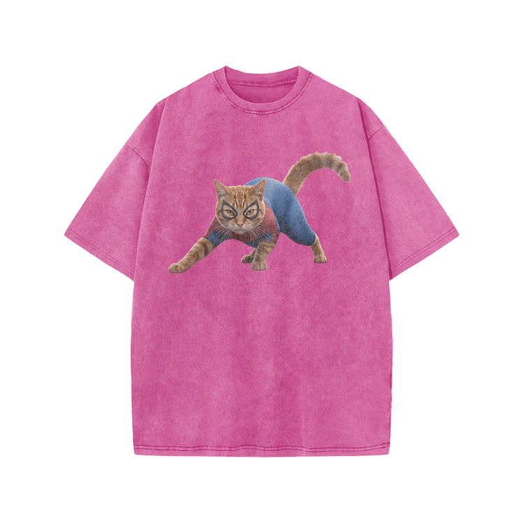 Vintage Hero Cat Graphic Print Acid Washed T-shirt