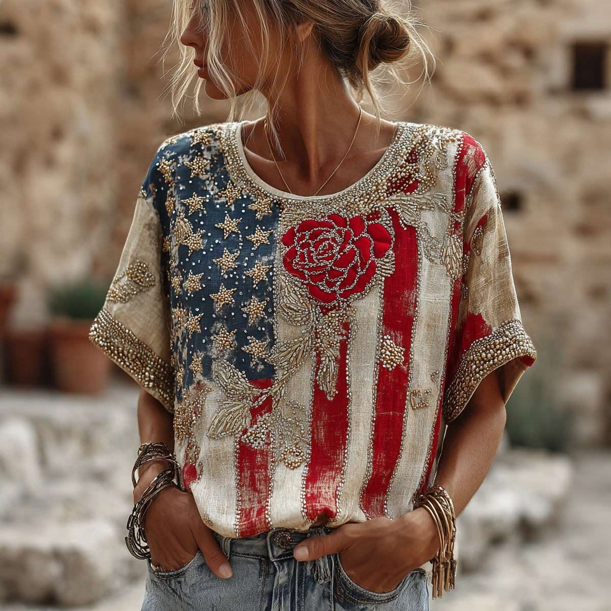 Women's Floral Contrast Embroidered Print Short Sleeves Linen T-shirt