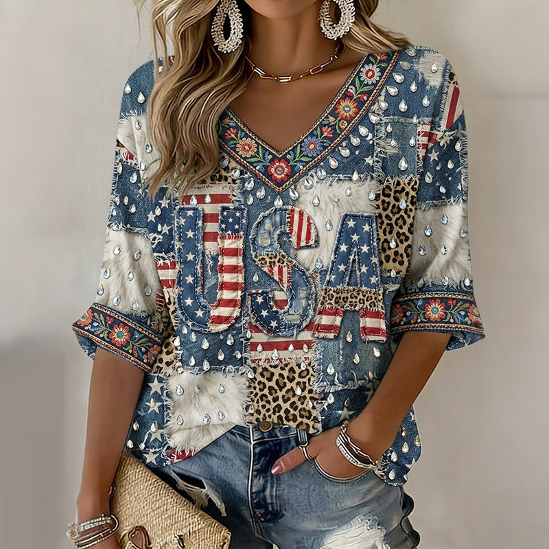 Women's Retro Usa Independence Day Leopard Print Patchwork Casual T-shirt