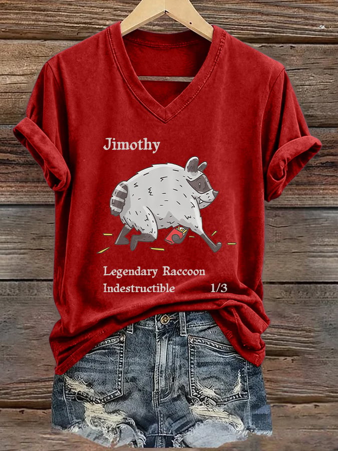 Women's Jimothy Legendary Raccoon Indestructible Print V Neck T-Shirt
