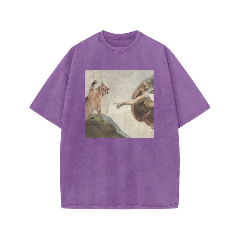 Unisex Oil Painting Cat Print Acid Washed T-shirt