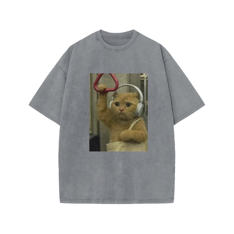 Unisex Cat Riding The Subway Print Acid Washed T-shirt