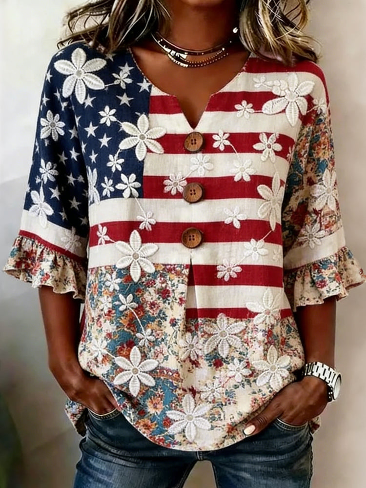 Women's Vintage Floral Flag Patchwork Art Print Tops