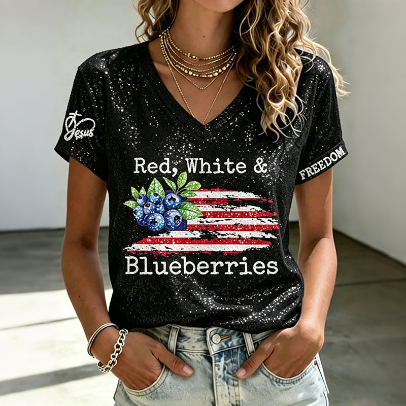 V-neck Retro Independence Day Red, White & Blueberries Freedom Jesus Print T-shirt