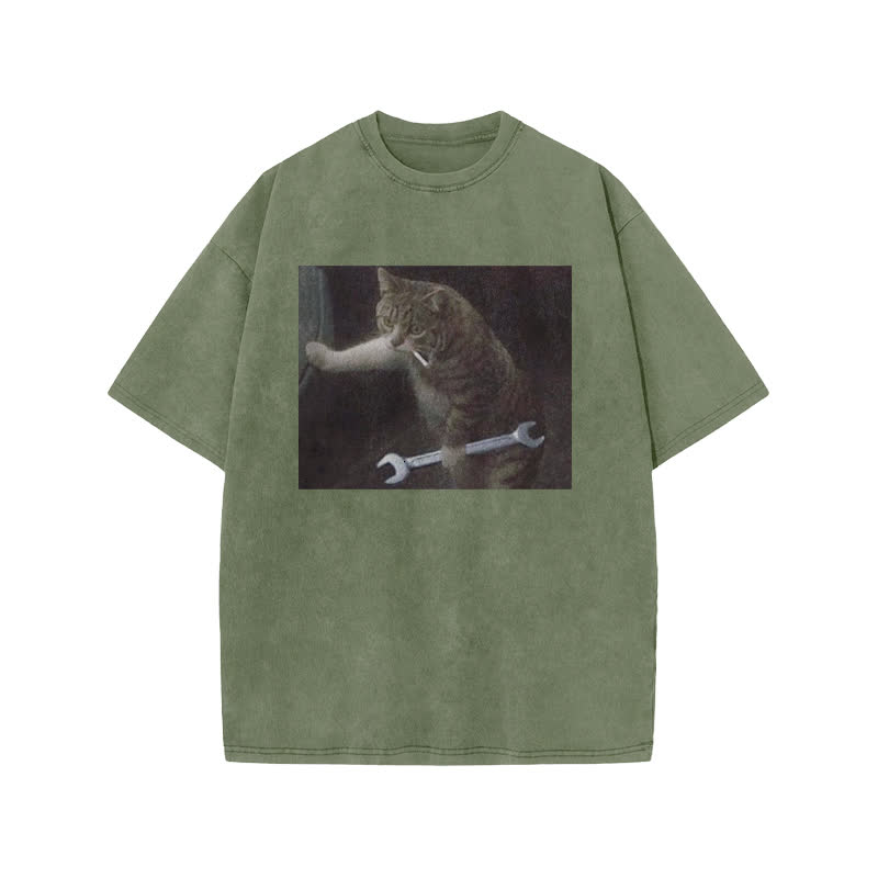 Unisex 100% Cotton Overlord Cat Print Acid Washed T-shirt