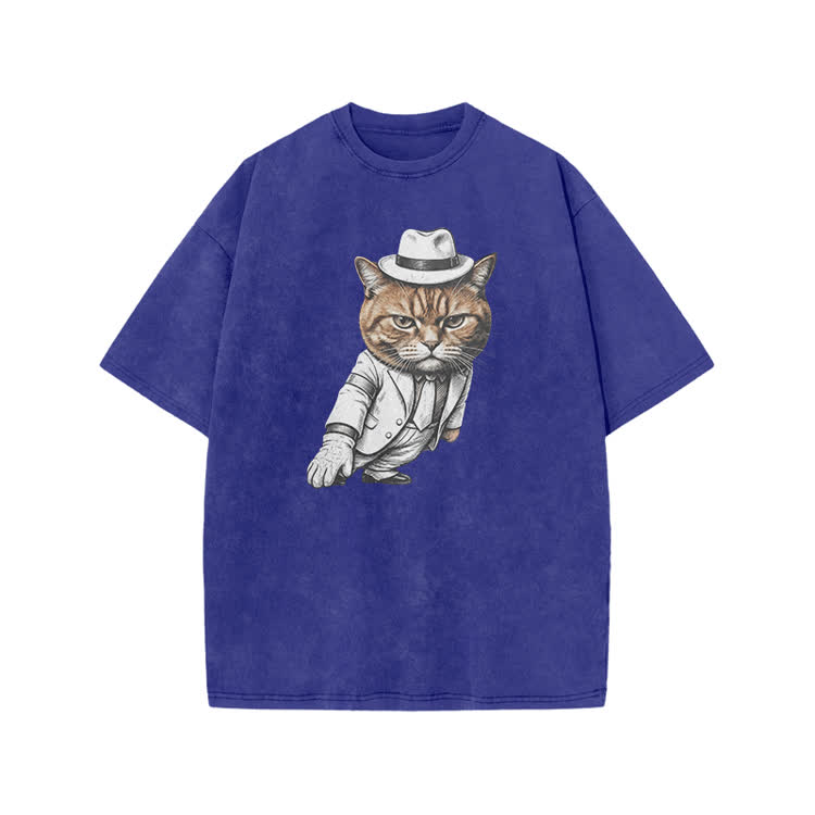 Vintage Gentleman Cat Graphic Print Acid Washed T-shirt