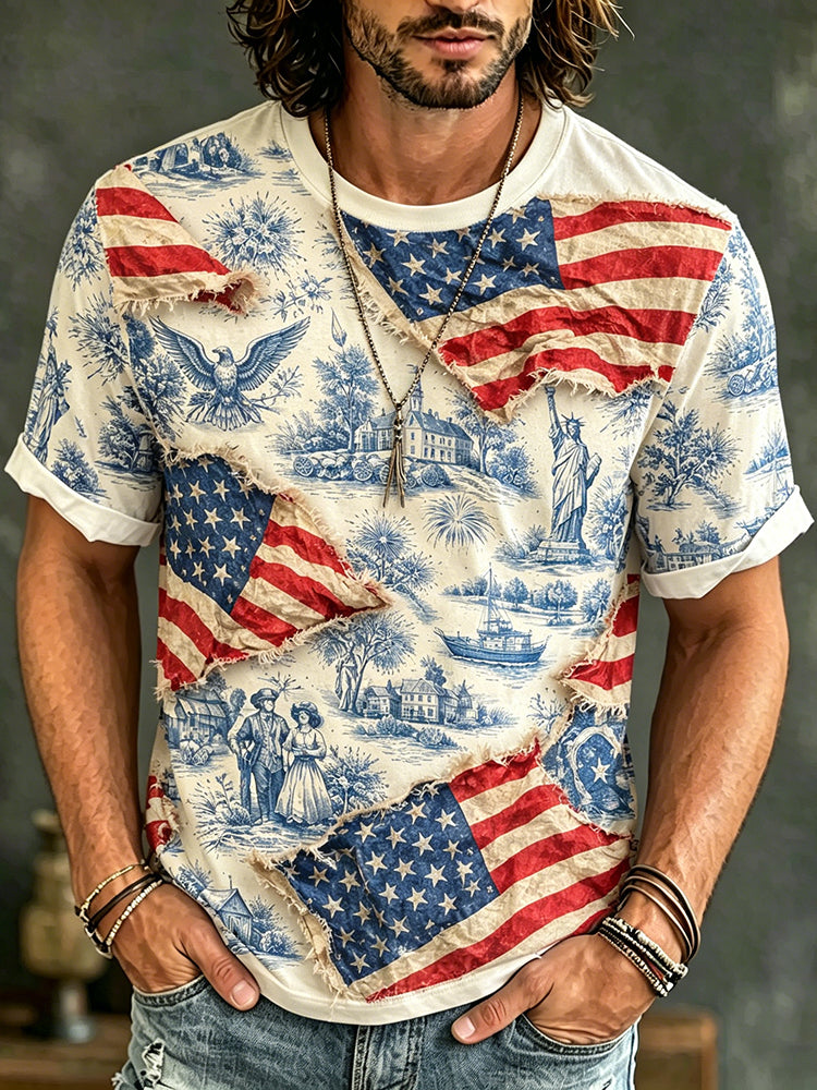 Men's Flag Art Print Flowy Linen Blend Short Sleeve Tshirt