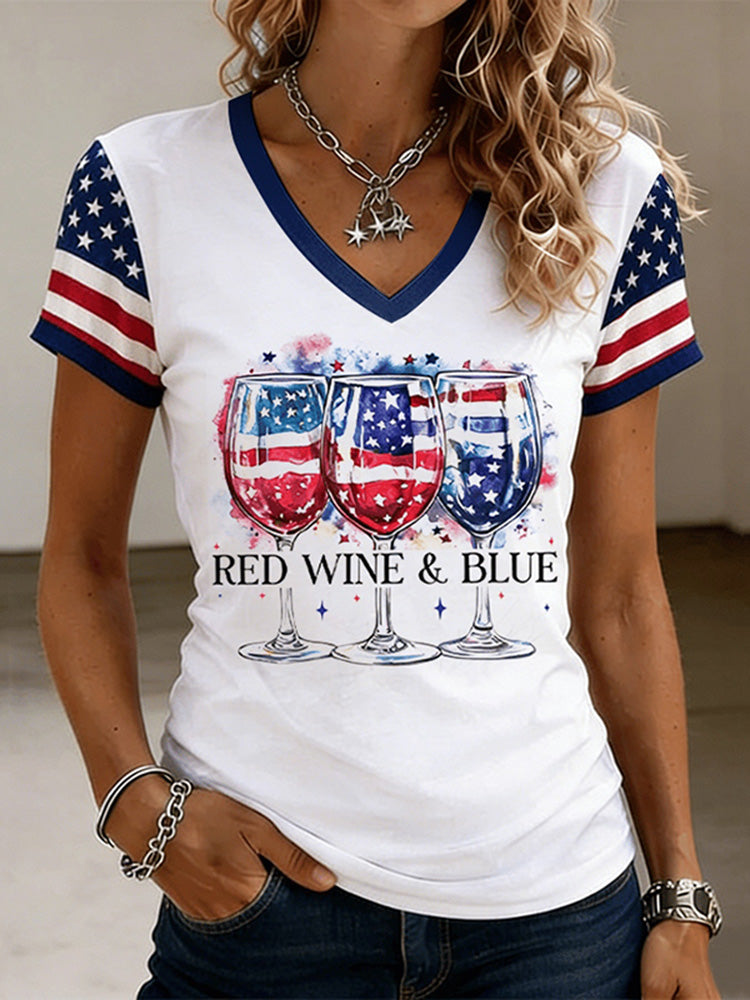 Women's Independence Day Wine Glass Flag Art V-neck Short Sleeve T-shirt