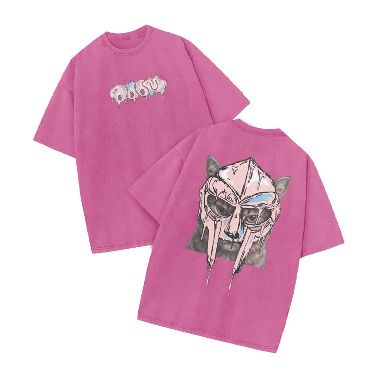 Washed Graffiti Cat Mask Graphic Print Acid Washed T-shirt