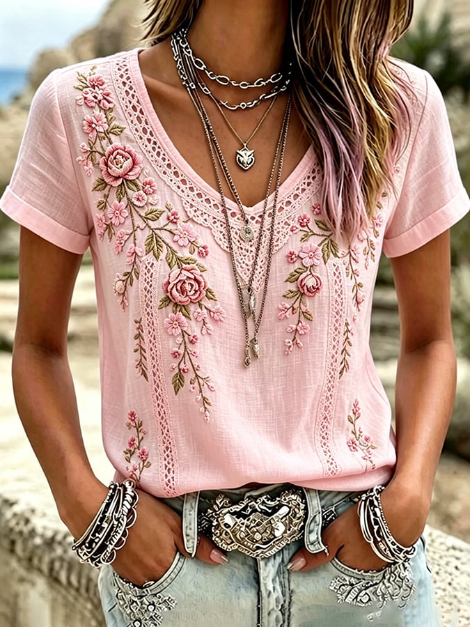 Women's  Pink And Purple Floral Cotton-Linen Print Top