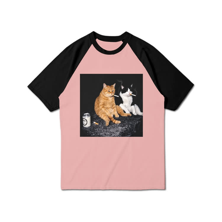 Vintage Smoking Cats Graphic Print Raglan Sleeve T-Shirt