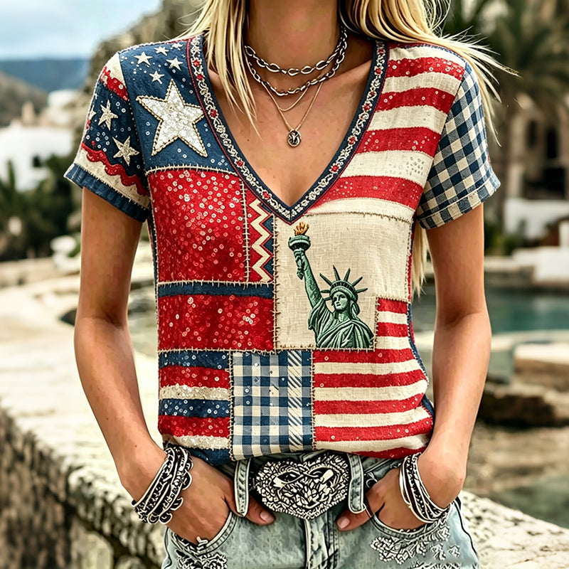 Women's American Flag And Floral Art Sequin Patchwork Casual V-neck Short Sleeve Top