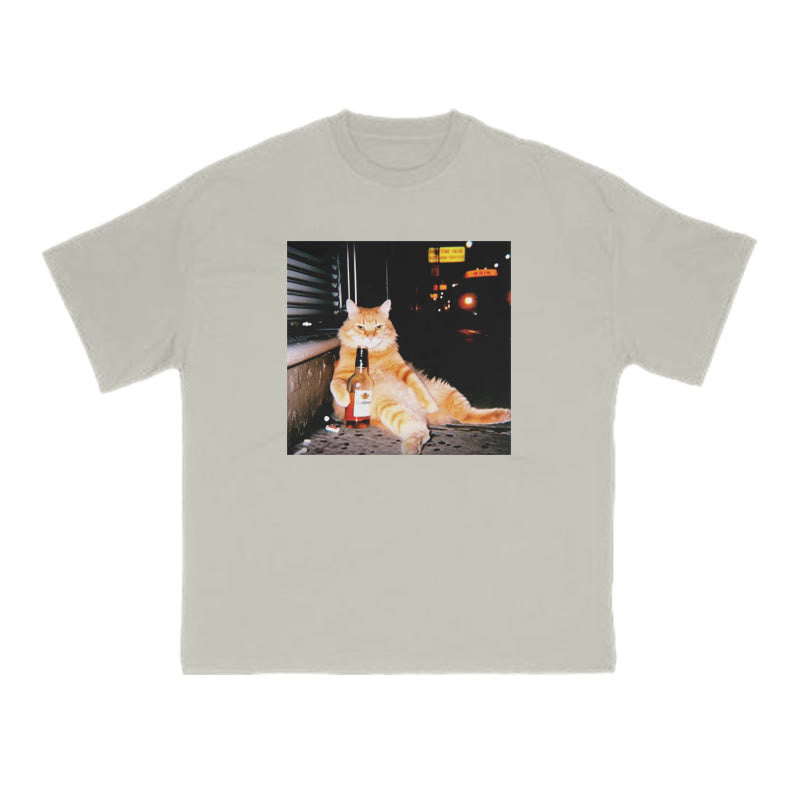 Orange Cat Sipping Beer Print T-shirt
