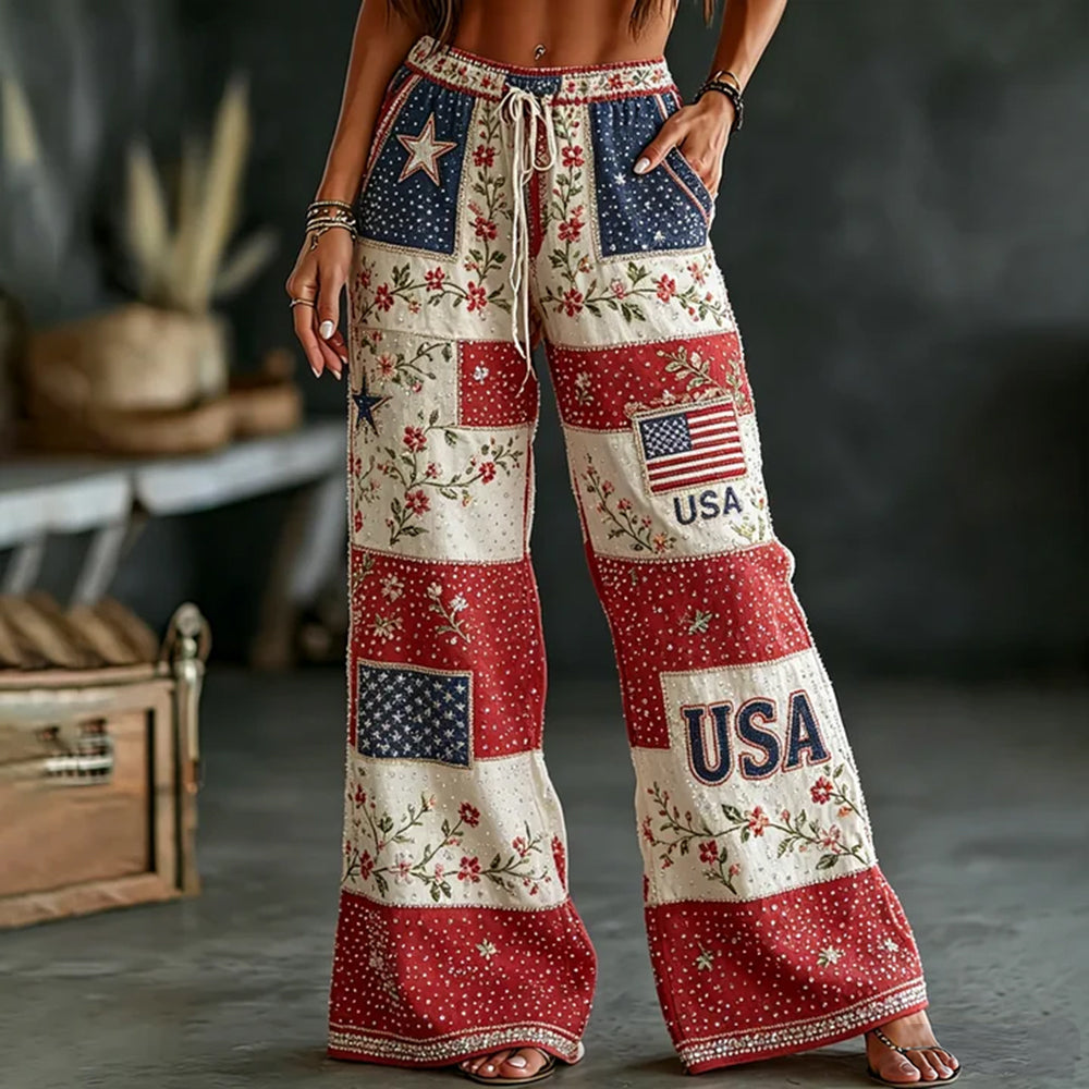 Women's Anniversary Flag Floral Art Print Linen Blend Loose Pants
