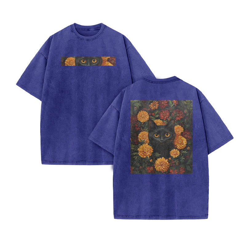 A Black Cat In A Field Of Chrysanthemums Print Acid Washed T-shirt