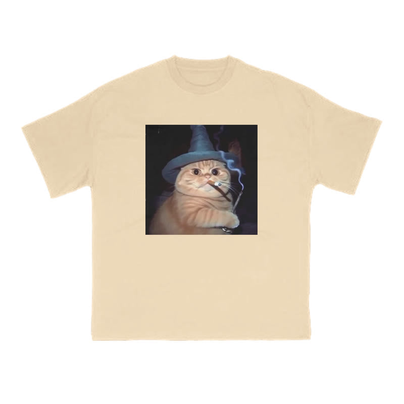 Unisex Smoking Wizard Cat Halloween Print T-shirt