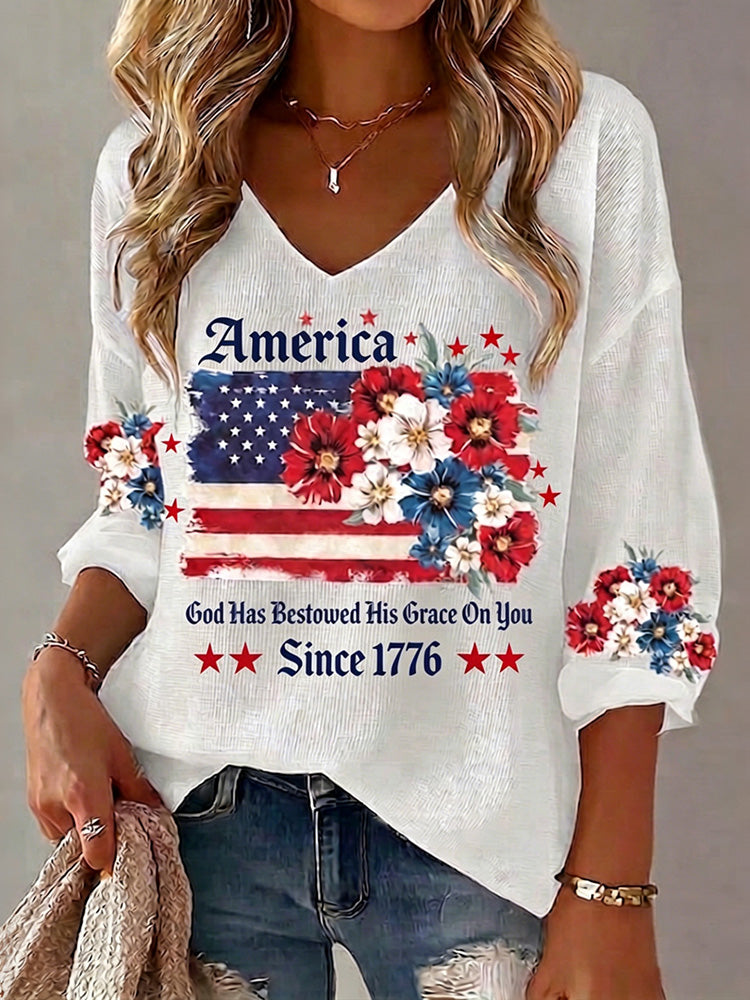 Women's Anniversary National Flag Floral Print Waffle Long Sleeve T-shirt