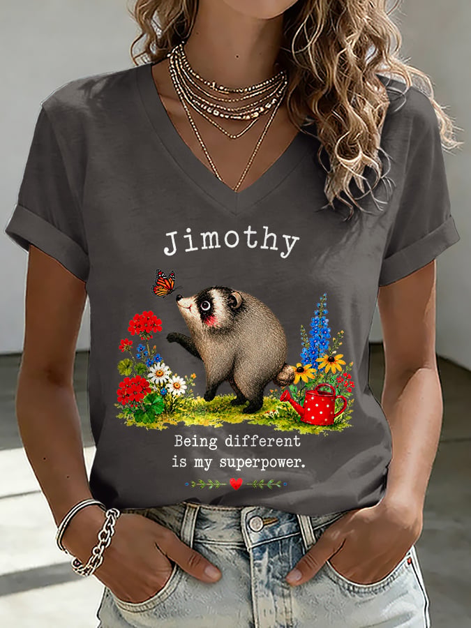 V-Neck Retro Jimothy Raccoon Being Different Is My Superpower Print T-Shirt