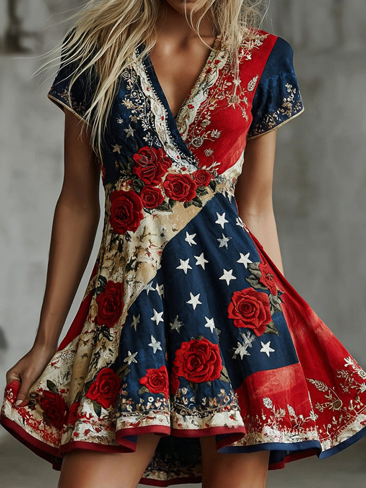 Women's Vintage Floral Flag Art Print Mini Dress