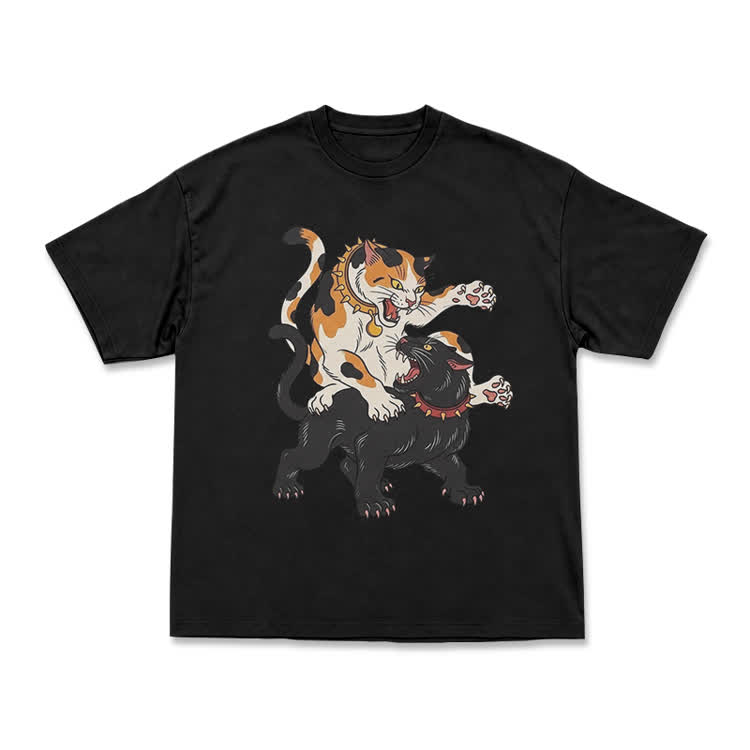Vintage Cat Clash Graphic Print T-shirt
