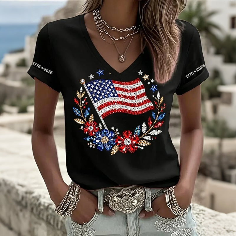 Women's Independence Day Flag Flower Art V-neck Short Sleeve T-shirt