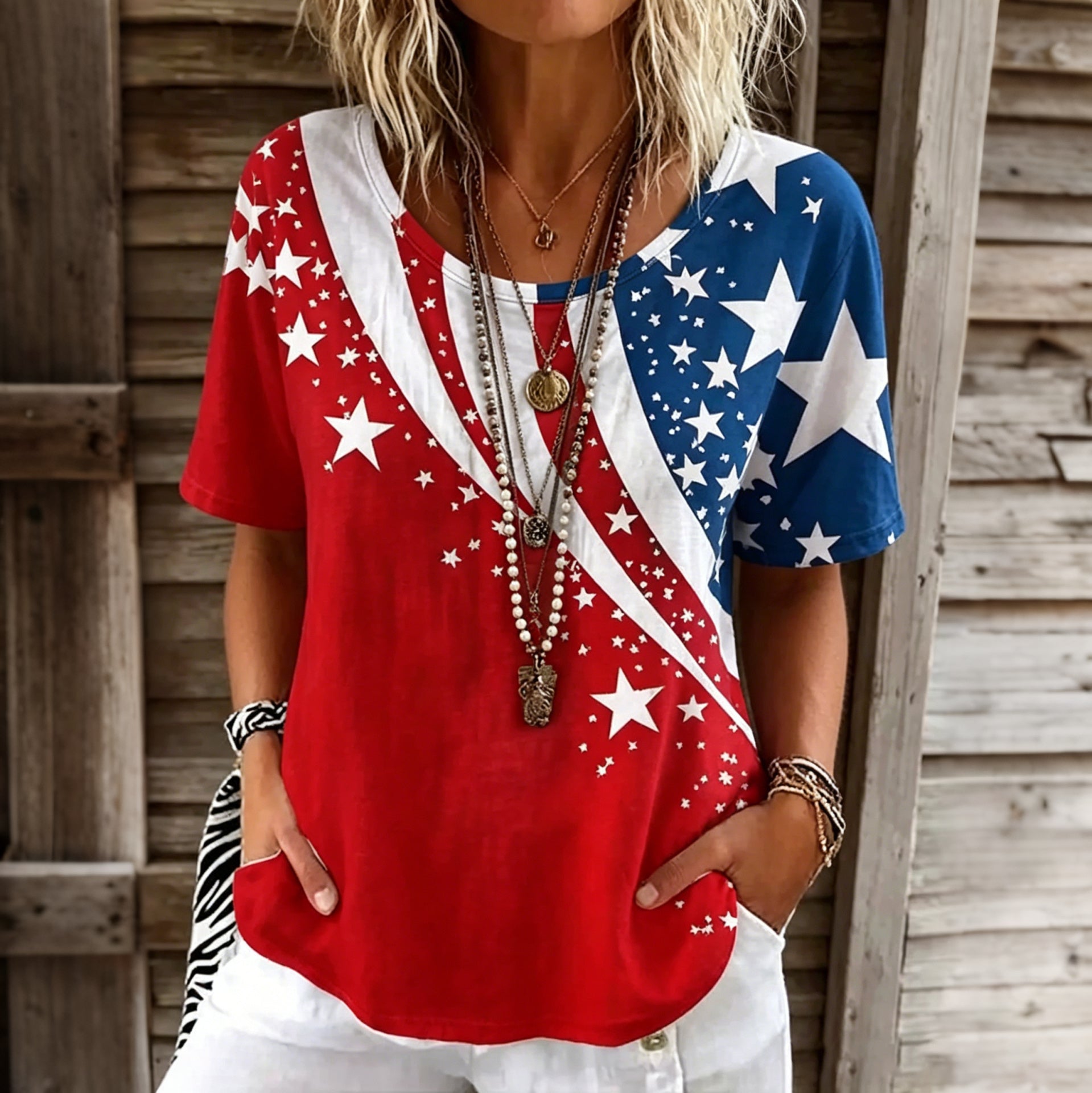 Women's Vintage Floral Flag Patchwork Art Print Tshirt