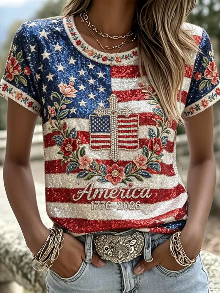 Women's Retro Distressed American Flag And Floral Sequin Art Color Block Cotton Linen Casual Crew Neck Short Sleeve T-shirt