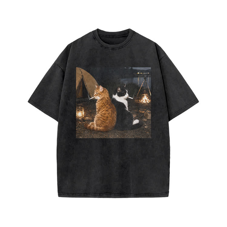 Vintage Camping Cats Graphic Print Acid Washed T-shirt