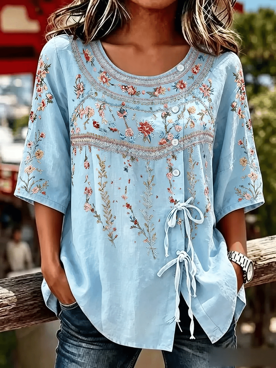 Women's  Retro Breast Cancer Floral Print Button Lace Up Tie Shirt